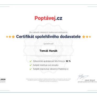 Certifikát spolehlivého dodavatele — Tomáš Hanák, Poptávej.cz, spokojenost zákazníků 92 %