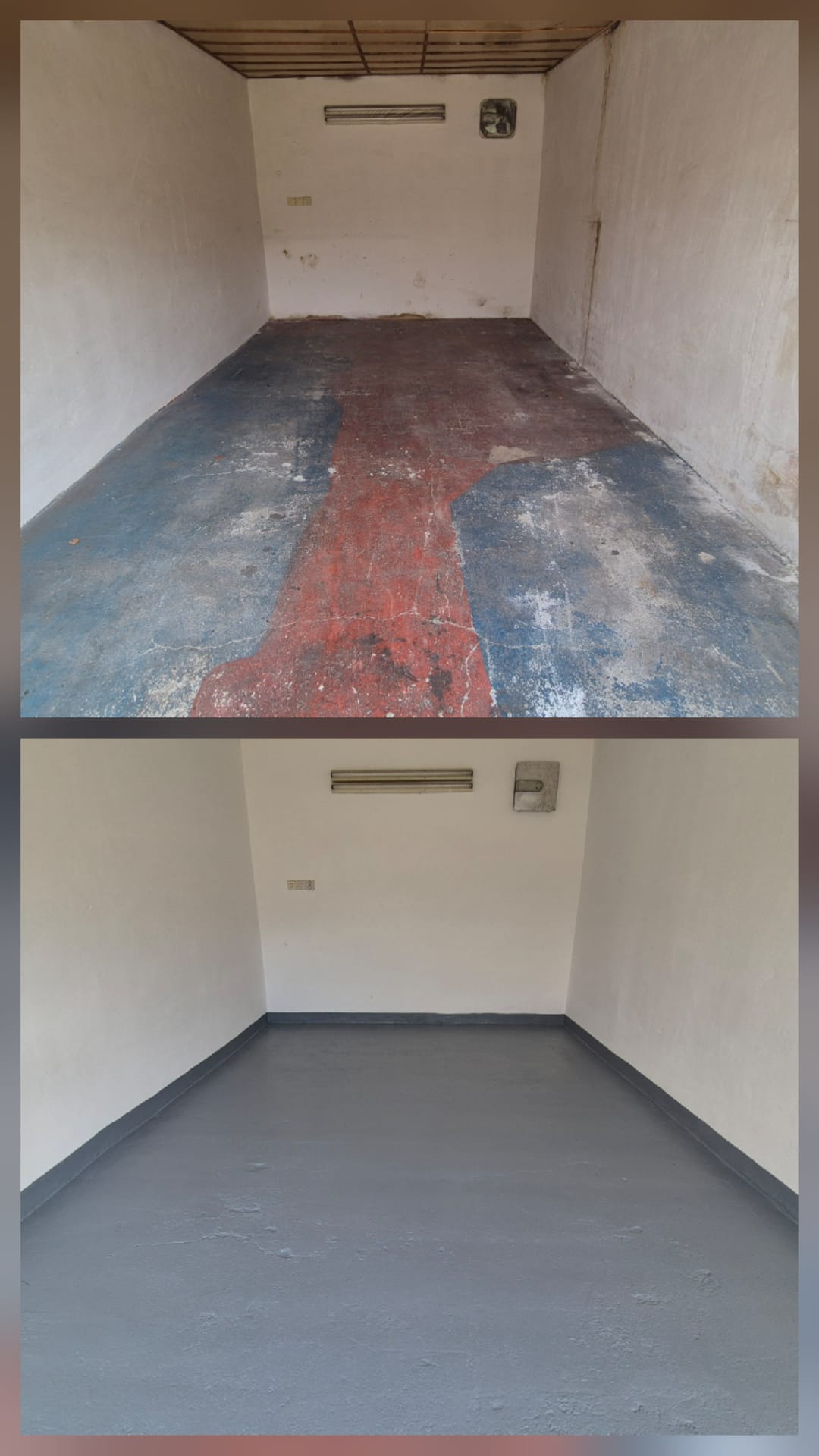 Renovace podlahy ve sklepě — před a po
